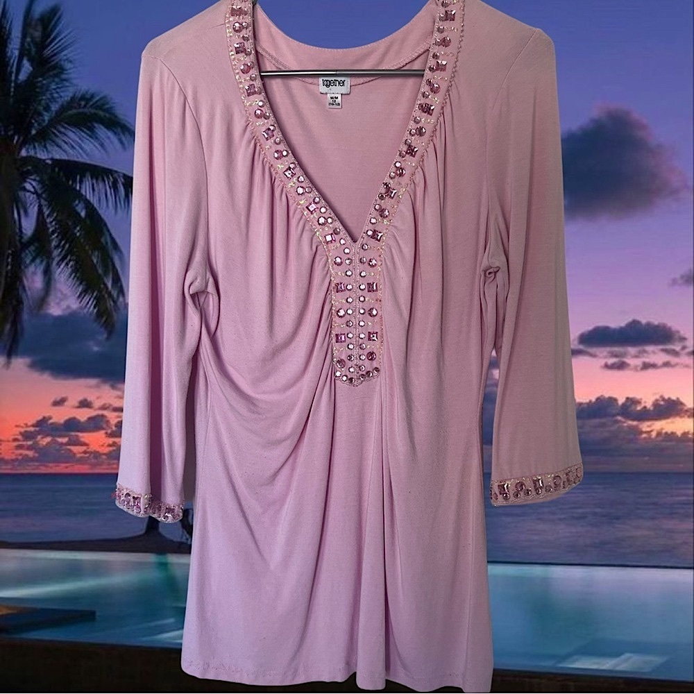 Together bling top pink Vneck sequins rhinestone jewels baby pink y2k cute shirt